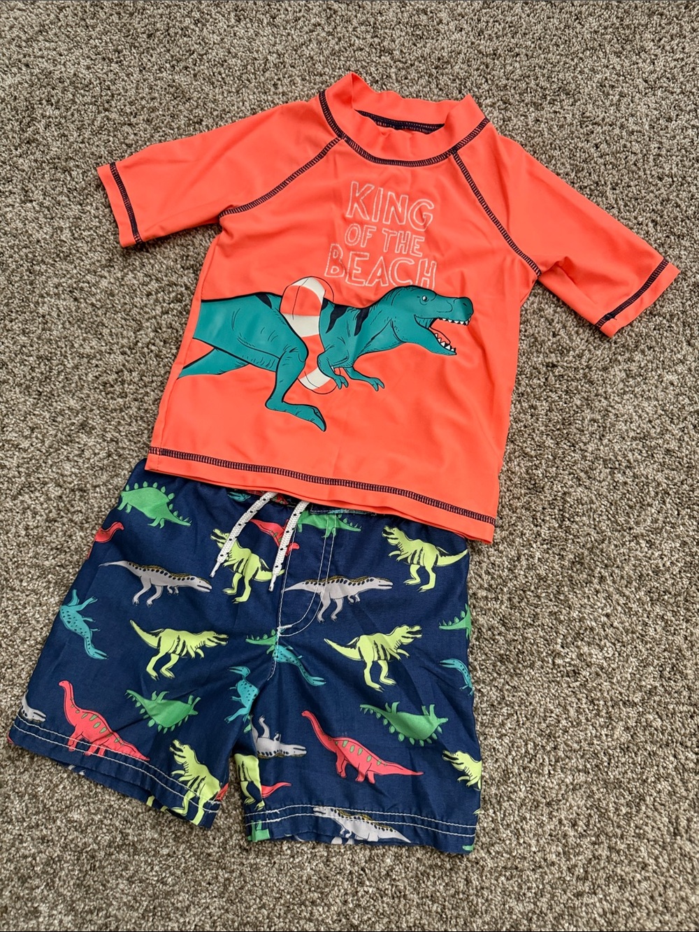 Carters Kids Orange "King of the Beach" Dino Rash Guard Swim Set size 3T